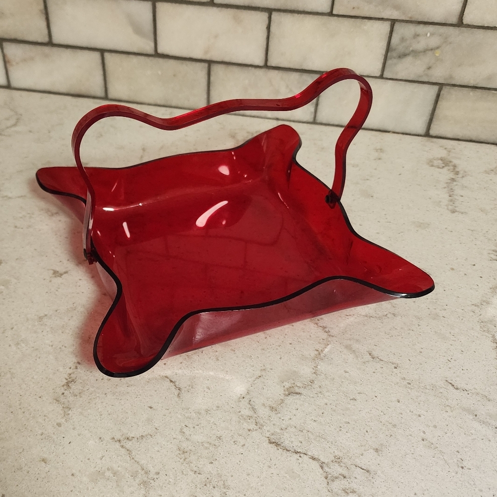 Vintage mcm acrylic lucite christmas red basket with folding handle